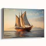 Vintage poster art of a sailboat on framed canvas, featuring a monochrome black and colorful palette.