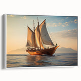 Framed canvas featuring a vintage-style sailboat on a serene lake, with a predominantly black and white color scheme.