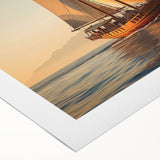 Art deco poster of a sailboat on a serene blue ocean, printed on rolled canvas, suitable for dining room wall art.