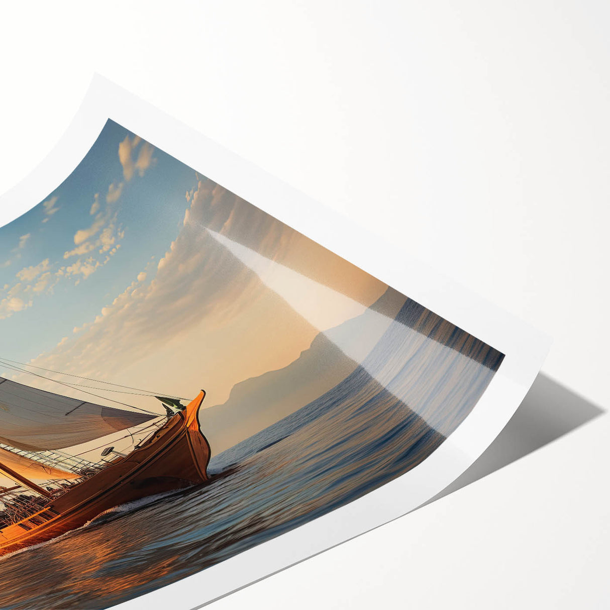 Extra large wall art depicting a sailboat on calm waters, rendered in muted blue and white tones on a rolled print.