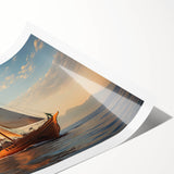 Extra large wall art depicting a sailboat on calm waters, rendered in muted blue and white tones on a rolled print.