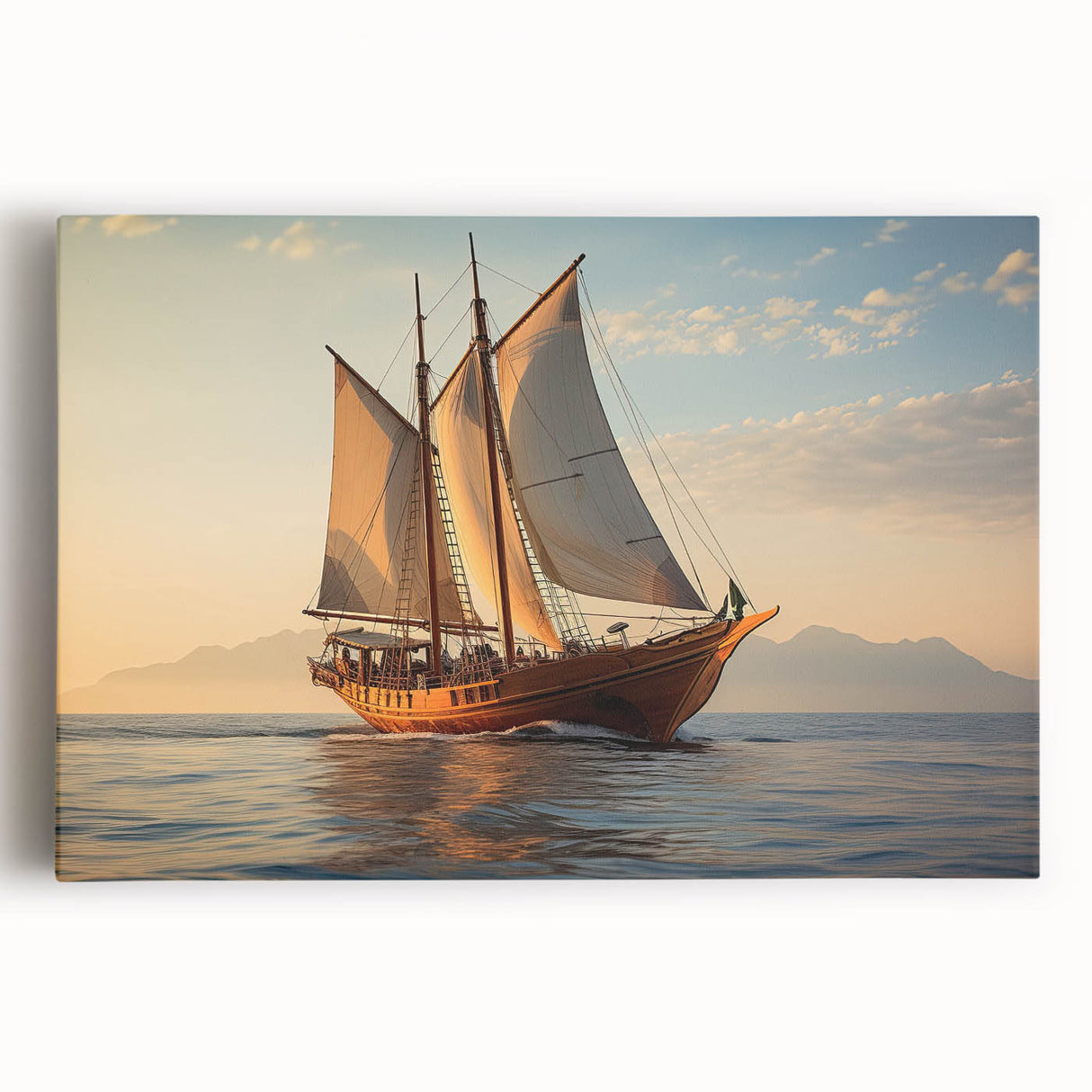Black and white photo of a sailboat on a calm sea, printed on large stretched canvas, ideal for kitchen wall art.