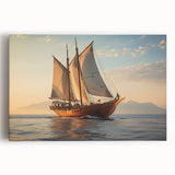 Black and white photo of a sailboat on a calm sea, printed on large stretched canvas, ideal for kitchen wall art.