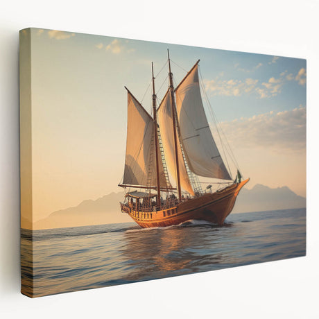 Sailboat on calm waters in muted blue and white tones, printed on stretched canvas, suitable for kitchen wall art.
