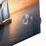 Large abstract sailboat print in bold blue and white tones on acrylic glass.