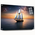 Acrylic print of a side-view sailboat in muted blue and white tones, suitable for bedroom or dining room decor.