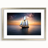 Abstract art print of a stylized sailboat in muted blue and silver tones on a framed poster, suitable for dining room decor.