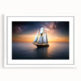 Extra large abstract art print featuring a textured sailboat, in muted blue and white tones on a framed canvas.