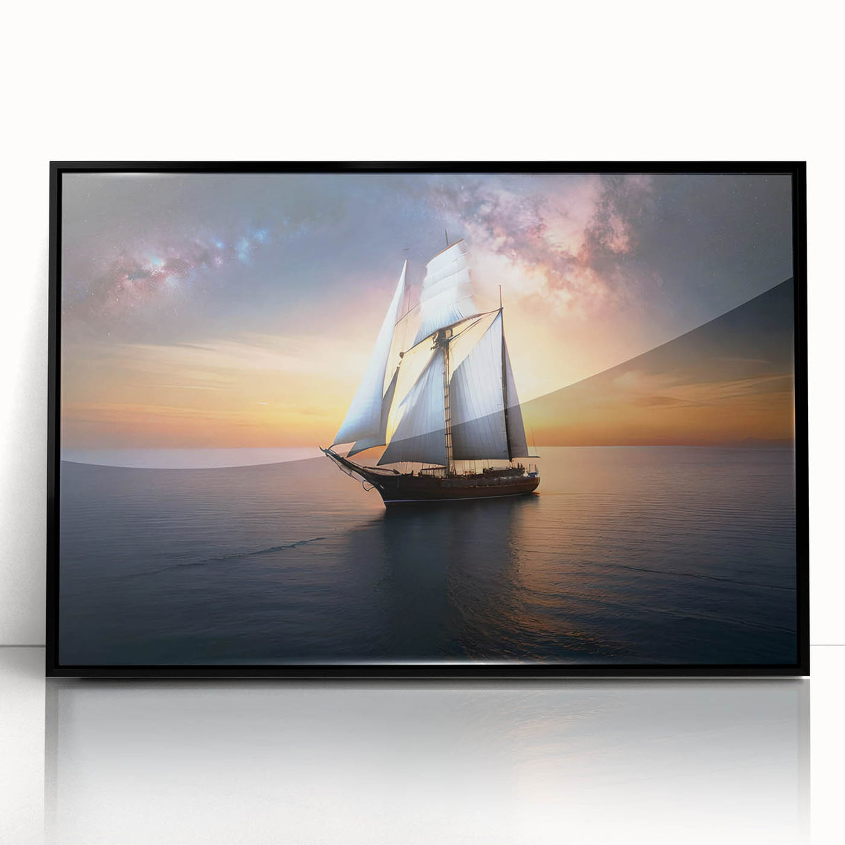 Large abstract wall art depicting sailboats, in muted blue and gray tones on a framed acrylic.