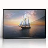 Large abstract wall art depicting sailboats, in muted blue and gray tones on a framed acrylic.