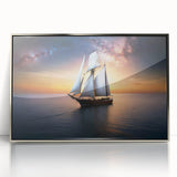 Art deco style sailboat depicted in muted blue and silver tones on a framed acrylic, ideal for modern nursery wall art.