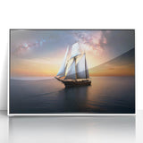 Mid-century modernist sailboat art print in muted blue and white, framed acrylic, ideal for modern nursery wall decor.