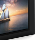 Framed canvas featuring a close-up of a black sailboat, with a textured, colorful backdrop, ideal for living room decor.