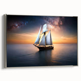Vintage poster art of a sailboat, featuring a black and colorful palette on a framed canvas, ideal for living room decor.