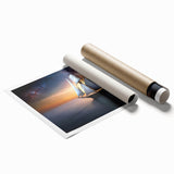 Extra large wall art featuring a sailboat on a calm sea in soft blue and white hues, printed on rolled canvas.