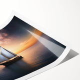 Extra large wall art of a sailboat on a calm sea, rendered in muted blue and white tones on a rolled canvas.