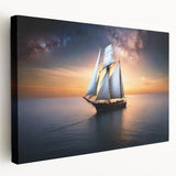 Sailboat on a calm sea depicted in muted blue tones on a stretched canvas, suitable for kitchen wall art.