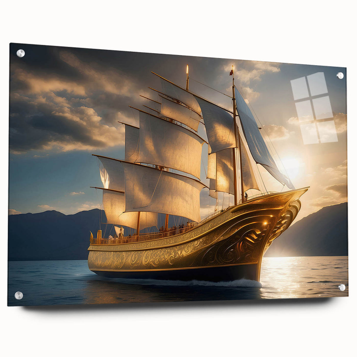 Sailboat on calm waters acrylic print in blue and white tones, ideal for modern bedroom or dining room ambiance.