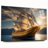 Side view of a large abstract sailboat print on acrylic glass, using blue and white tones.