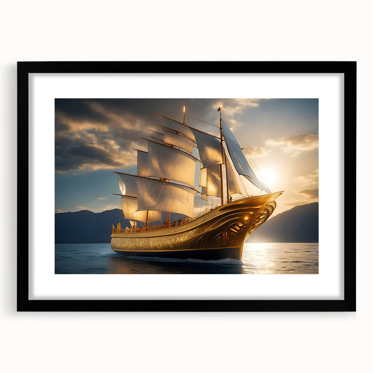 Colorful abstract art print of sailboats, in vibrant hues on textured canvas, framed in black, ideal for living room decor.