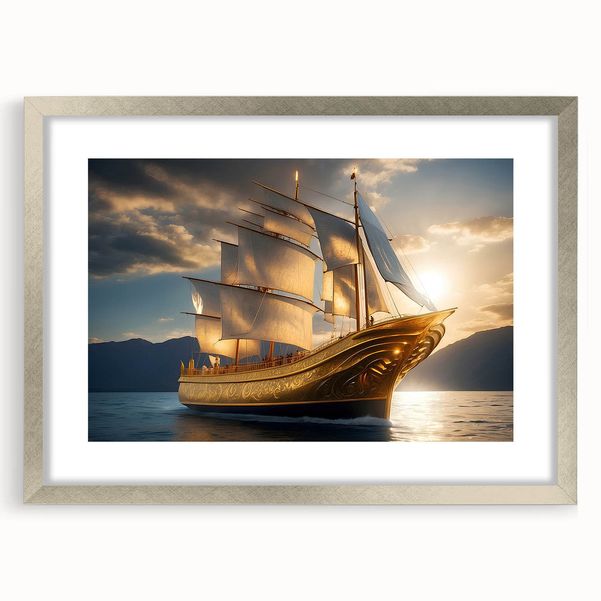 Abstract art print of a stylized sailboat in cool blue and white tones, framed in silver, suitable for dining room decor.