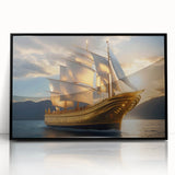Large abstract wall art of a sailboat, rendered in mid-century modernist style with a black frame.