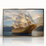 Mid-century modernist art of a sailboat on calm sea, in muted blue and gray tones on framed acrylic.