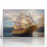 Mid-century modernist sailboat artwork in muted blue and white hues, framed acrylic, ideal for modern art wall decor.