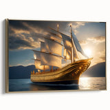 Framed canvas featuring a vintage-style sailboat on a vibrant, multicolored sea.