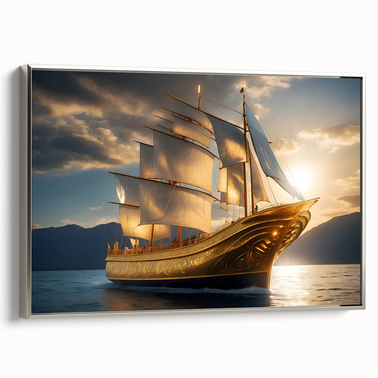 Vintage poster art of a sailboat, framed canvas in silver, featuring a black and colorful palette.