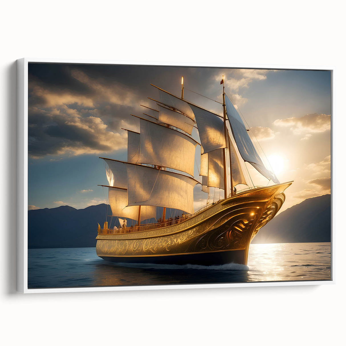 Sailboat on a calm lake depicted in black and white on a framed canvas, ideal for bedroom wall art.