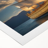 Art deco poster of a sailboat on calm seas, featuring muted blue and white tones on rolled canvas.