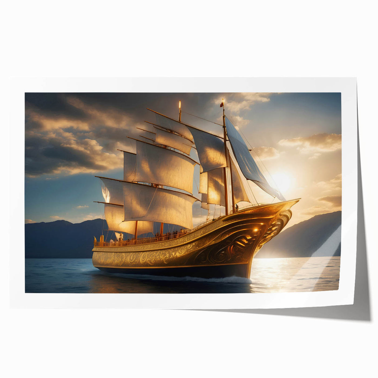 Rolled print of a sailboat on calm waters, using muted blue and gray tones, ideal for art wall dining room.