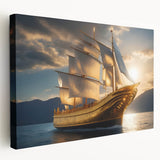 Sailboat on a calm sea depicted in soft blue and white hues on a large stretched canvas, suitable for kitchen wall art.
