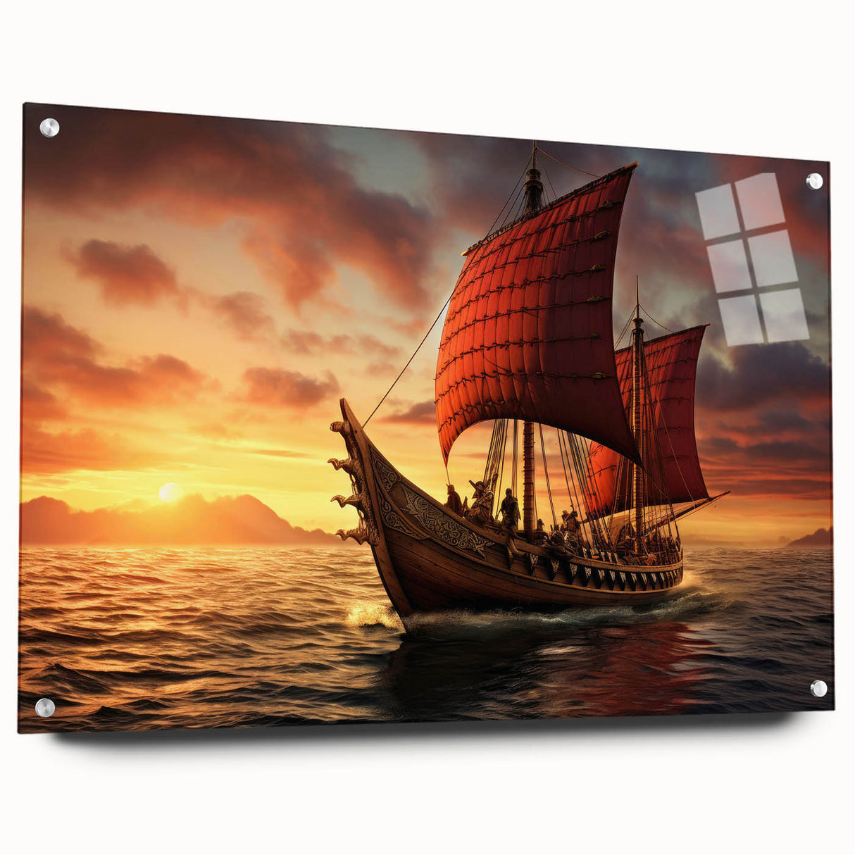 Acrylic print of a sailboat in muted blue and white tones, suitable for dining room or bedroom wall art.