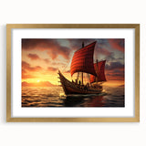 Textured art print of an abstract sailboat in muted blue and gray tones, framed with a gold mat, suitable for bedroom decor.