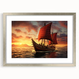 Abstract art print of a stylized sailboat in muted blue and white tones on a silver-framed canvas.