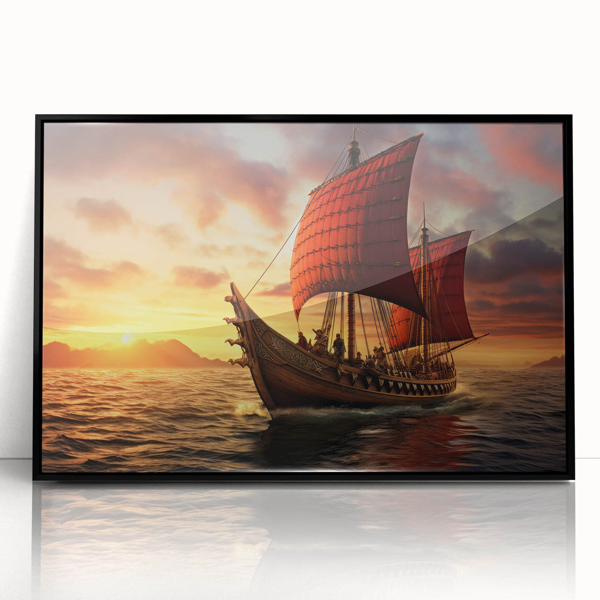 Large abstract wall art of a sailboat in muted blue and gray tones on black framed acrylic.