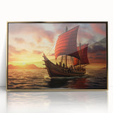 Mid-century modernist art of a sailboat, in muted blue and white tones, acrylic print framed in gold.