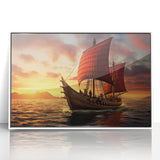 Mid-century modernist sailboat illustration in muted blue and white, framed acrylic print, suitable for nursery wall decor.