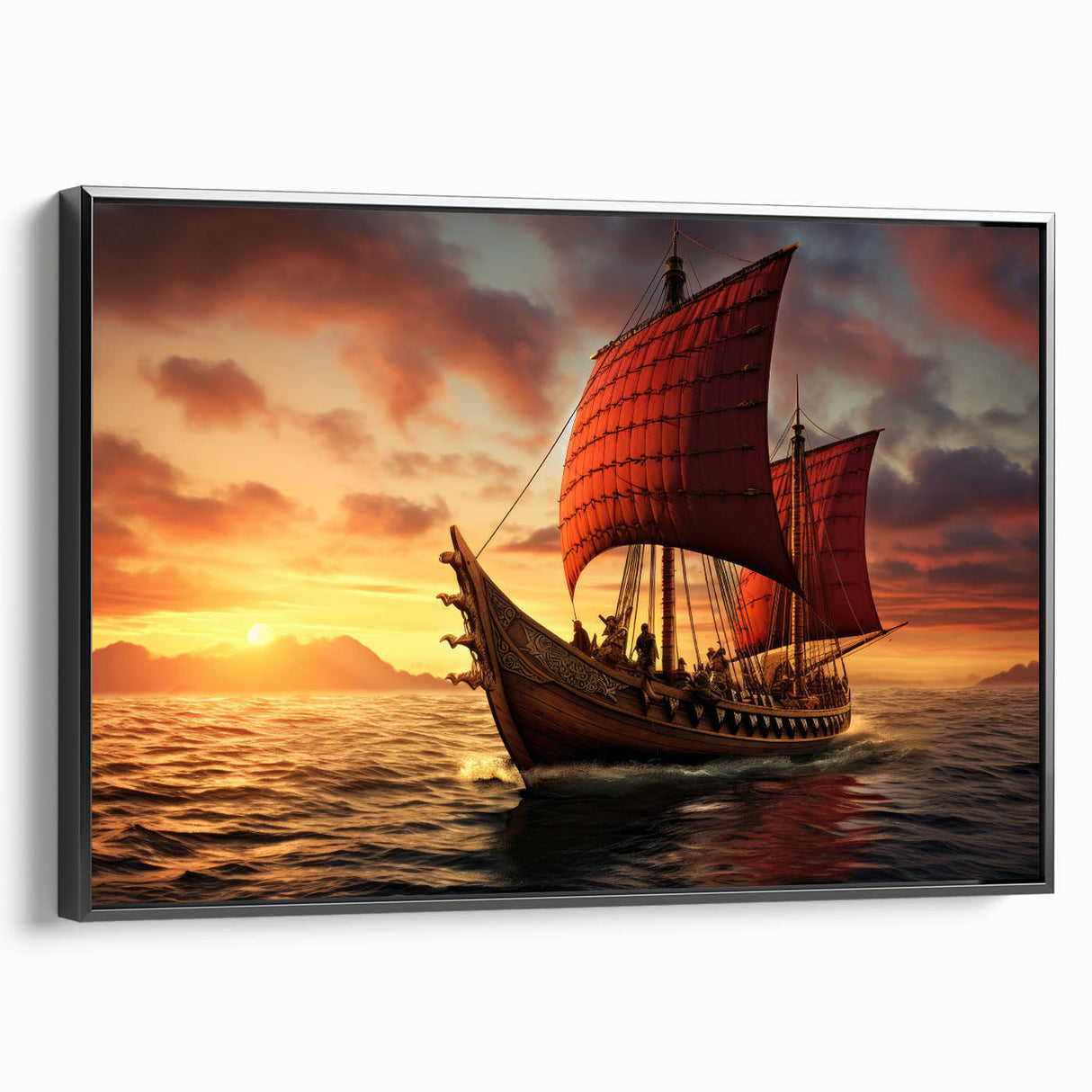 Black and white framed canvas of a vintage sailboat on calm waters, suitable for bedroom landscape art.