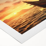 Art deco poster of a sailboat in muted blues and whites on rolled canvas, suitable for dining room or bathroom wall art.