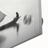 Large abstract sailboat art on acrylic glass, using blue and white tones.