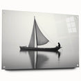 Acrylic print of a side-view sailboat in muted blue and white tones, suitable for bedroom or dining room decor.