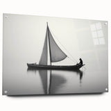 Acrylic print of a side-view sailboat in muted blue and white tones, suitable for bedroom or dining room decor.