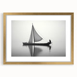Abstract textured art print of a sailboat, using gold and blue tones, framed with a gold mat, ideal for bedroom art.