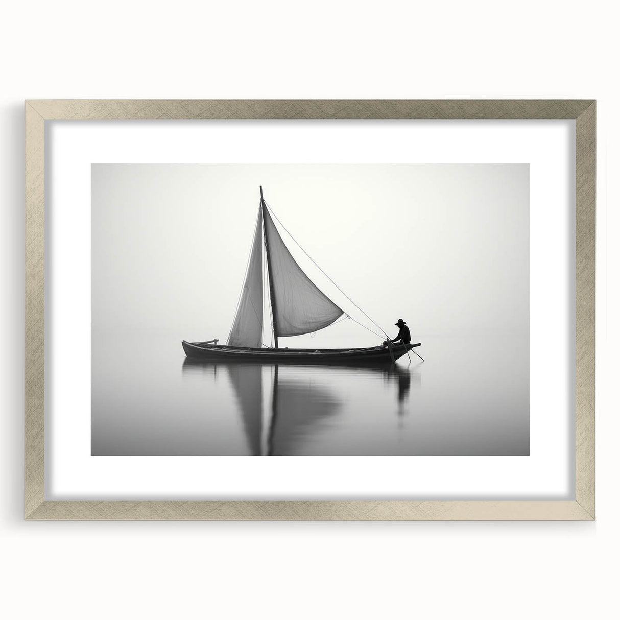 Abstract art print of a stylized sailboat in cool blue and white tones, framed in silver.