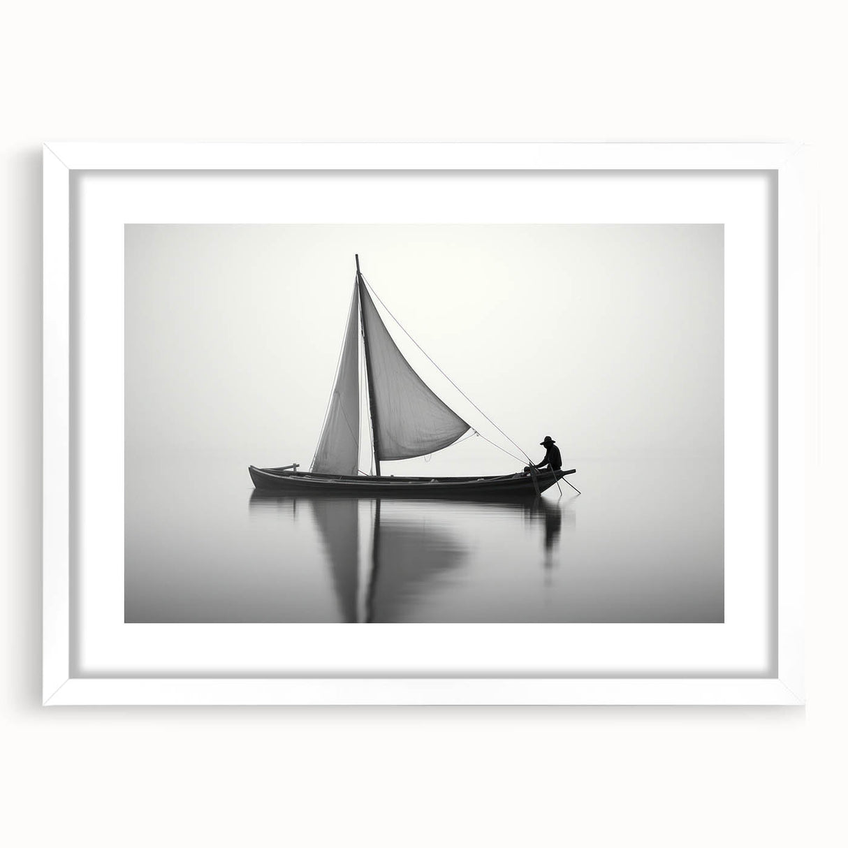 Abstract art print of a sailboat, using textured brush strokes in blue and white, framed with a white mat.