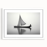 Abstract art print of a sailboat, using textured brush strokes in blue and white, framed with a white mat.
