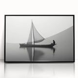 Large abstract wall art depicting a sailboat, using a black and white color palette, framed in acrylic.